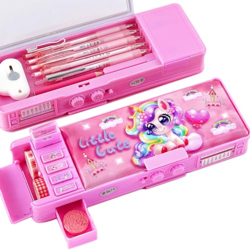 Lazeny Multifunktion Federmäppchen für Mädchen Jungen, Doppelseitig Pencil Case Pop Out Stiftebox mit Passwortsperre Anspitzer, Schreibwaren Tasche für Studentin Kinder Geschenk (Einhorn) von Lazeny