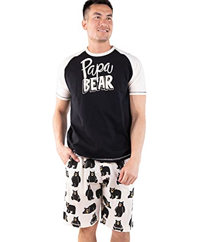 Lazy One Herren Schlafshorts Set Passendes Nachtwäsche Hemd & Short Set für Herren Baumwolle Pyjama Shorts & T-Shirt in lustigen Designs, Papa Bear Herren Short Set, Large von Lazy One