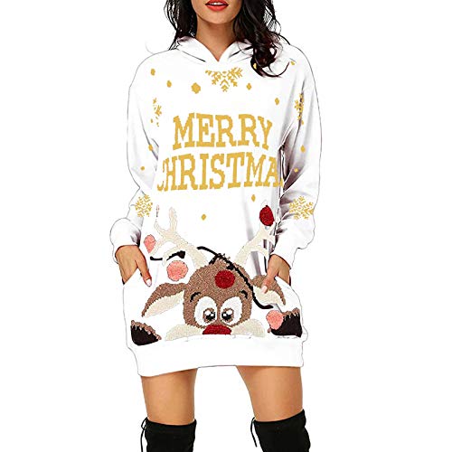Lazzboy Store Abendkleider Lang Frauen Weihnachten Elch Hoodie Bag Hip Pocket Print Modekleid Damen Langarm Sweatshirt Hoodies Casual Herbst Kleid (Weiß,2XL) von Lazzboy Store