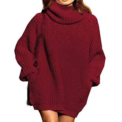 Lazzboy Store Rollkragenpullover Frauen Langarm Einfarbigen Winterpullover Damen Oversize Grobstrick Pulloverkleid Mit Rollkragen Rollkragenpulli Strickpulli Pulli (Rot,XL) von Lazzboy Store