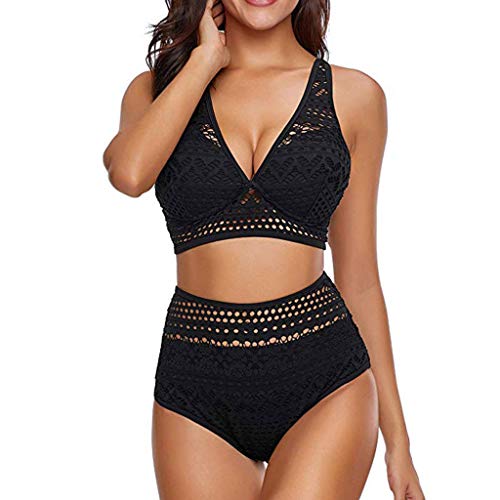 Lazzboy Damen Zweiteilige Häkelspitze Badeanzug Mit Hoher Taille Und V-Ausschnitt Spitze Tankini Bandeau Bikini Sets Zwei Stück Beachwear Gepolstert(Schwarz,L) von Lazzboy