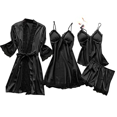 Lazzboy Dessous Frauen Silk Lace Babydoll Nachtwäsche Nachthemd Pyjamas Set Kimono Damen Morgenmantel Satin Bademantel Seide Roben V Ausschnitt Mit Blumenspitze(Schwarz,2XL) von Lazzboy