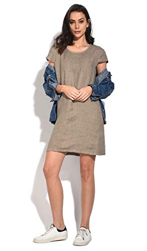 Le Jardin du Lin Damen Langes Kleid Mit Rundem Kragen, Vorderen Falten Und Kurzen Ärmeln Casual Dress, Beige, 40 EU von Le Jardin du Lin