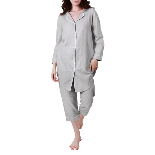 Le Tyerisa Schlafanzug Damen aus 100% Baumwolle Damen Pyjama-Set mit 3/4 Ärmel Zweiteiliger Hausanzug mit Knöpfen Langes Shirt und 3/4 Hose Grau, M von Le Tyerisa