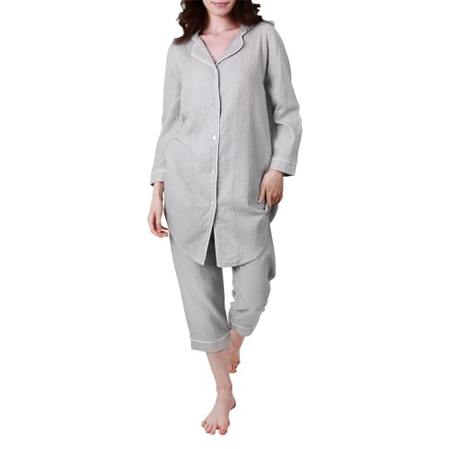 Le Tyerisa Schlafanzug Damen aus 100% Baumwolle Damen Pyjama-Set mit 3/4 Ärmel Zweiteiliger Hausanzug mit Knöpfen Langes Shirt und 3/4 Hose Grau, XL von Le Tyerisa