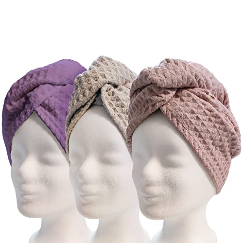 Lead Care Haarturban, Turban, Haartrockentuch, 3er Set - schnell trocknendes Mikrofaser Trockentuch mit Knopf (3er Set violett, Creme & rosa) von Lead Care