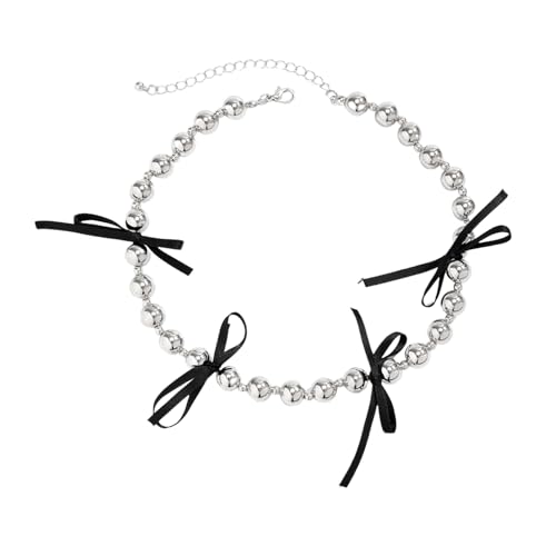 Damen-Halskette, Schleifen-Dekor, glatte Metallperlen, cooler und kalter Stil, Hummer-Clip, verstellbar, Club-Party, Choker, Halsschmuck, Wie beschrieben, Kein Edelstein von Leadthin