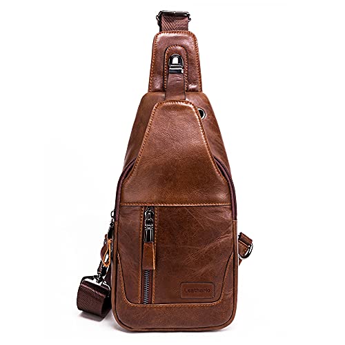 Leathario Herren Brusttasche Leder Sling Bag Crossbody Bag Brustbeutel Schulterrucksack Sling-Rucksack Perfekt für Freizeit Outdoorsport Reisen Wandern Schule Braun von Leathario