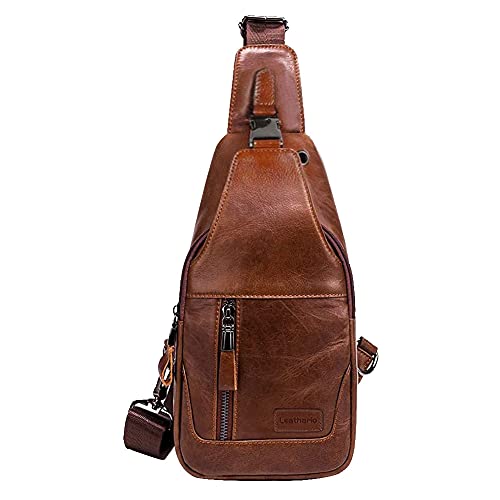 Leathario Herren Brusttasche Leder Sling Bag Crossbody Bag Brustbeutel Schulterrucksack Sling-Rucksack Perfekt für Freizeit Outdoorsport Reisen Wandern Schule Braun von Leathario