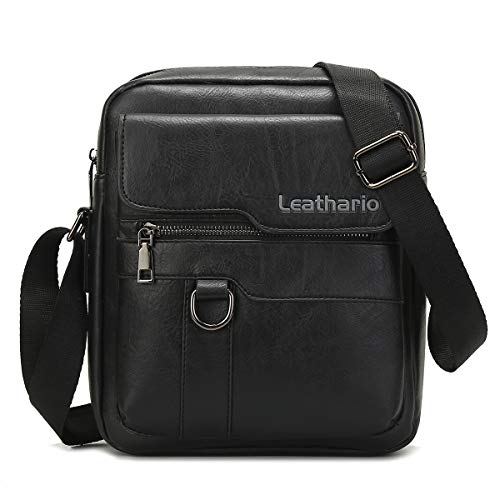 Leathario Herren Umhängetasche Klein PU Leder Schultertasche Herrentasche mit Großer Kapazität für Alltag Freizeit Arbeit Schwarz von Leathario