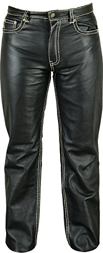 Fuente Slim Röhren Lederhose lang Herren/Damen eng- Lederjeans - Echt Leder Rind Mild Nappa mit Ziernaht Kontrast, Lederhose Jeans 501 Schwarz-Weiß- Motorrad Lederhose Lederjeans (50, Schwarz) von Lederprofi