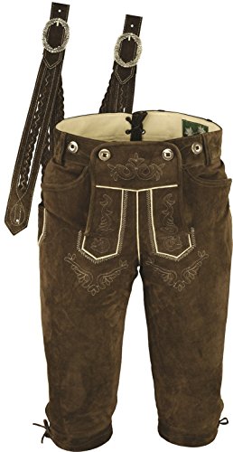 Trachtenlederhose Herren- Damen Kniebundlederhose -Trachten Lederhose mit Träger in Braun- Trachtenhose Knielang aus echt Leder Velours (44, Braun) von Lederprofi