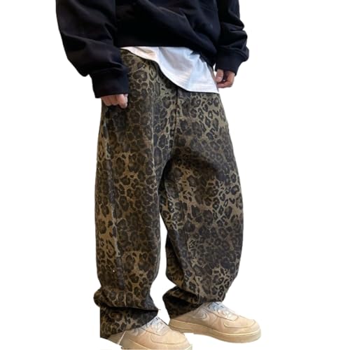 Left Girl Tan Leopard Jeans Männer Denim Hosen Männlichen Übergroßen Breite Bein Hosen Street Hip Hop Vintage Kleidung Lose Beiläufige,Leopard,M von Left Girl