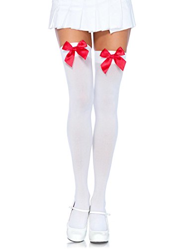 LEG AVENUE 6255 - Blickdichte Nylon Overknee Mit Satin Schleife, Einheitsgröße (EUR 36-40), weiß/rot, Damen Karneval Kostüm Fasching von LEG AVENUE