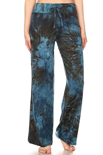 Leggings Depot Damen Casual Lange Pyjama Lounge Hose Kordelzug Nachtwäsche Print Design, Blueberry Tie Dye, Groß von Leggings Depot