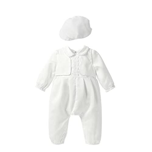 Leideur Taufe Outfits für Baby Jungen 2 Teile 1 Jahr Geburtstag Weiß Taufe Set mit Mütze (9 Monate, Weiß) von Leideur