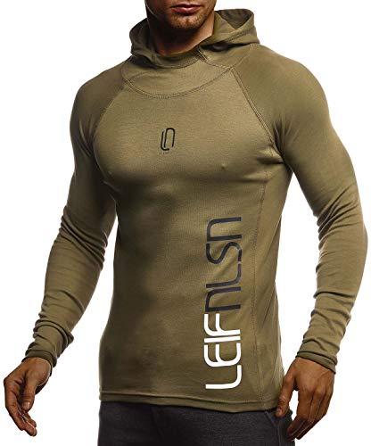 Leif Nelson Gym Herren Fitness Langarm-Shirt Funktionsshirt Kapuzenshirt Slim Fit Männer Bodybuilder Trainingsshirt Hoodie Sportshirt Bodybuilding Training LN8287 Khaki-Schwarz Small von Leif Nelson