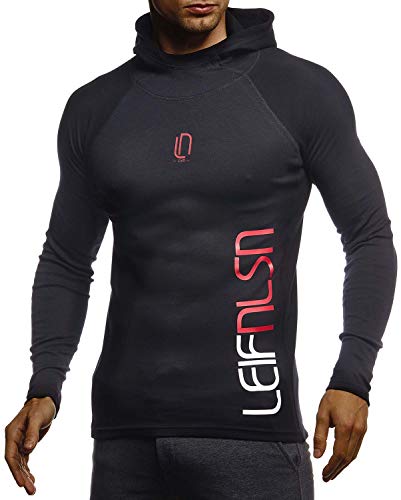 Leif Nelson Gym Herren Fitness Langarm-Shirt Funktionsshirt Kapuzenshirt Slim Fit Männer Bodybuilder Trainingsshirt Hoodie Sportshirt Bodybuilding Training LN8287 Schwarz-Rot XX-Large von Leif Nelson