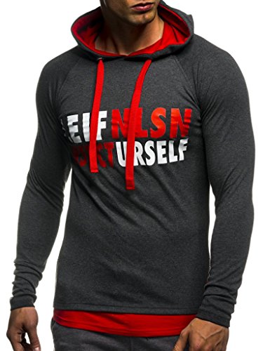 Leif Nelson Gym Herren Fitness Sweatshirt mit Kapuze Hoodie Langarm Trainingsshirt T-Shirt Training LN06278; Größe S, Anthrazit-Rot von Leif Nelson