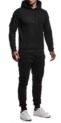 Leif Nelson Gym Herren Freizeitanzug Jogginganzug Männer lange Trainingsanzug - Jumpsuit Sportanzug Fitness Training Freizeit Kapuzenjacke Hoodie Jogginghose LN8021 Schwarz XX-Large von Leif Nelson