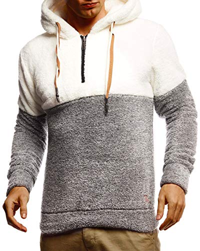 Leif Nelson Herren Hoodie Teddy Fleece Pullover mit Kapuze Kapuzenpullover für Männer Pulli Longsleeve Sweatshirt LN20100 Größe M Ecru-Anthrazit von Leif Nelson