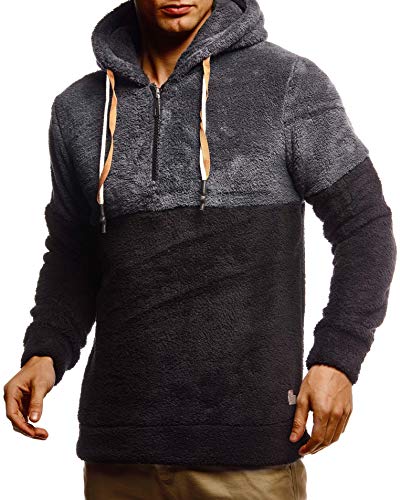 Leif Nelson Herren Hoodie Teddy Fleece Pullover mit Kapuze Kapuzenpullover für Männer Pulli Longsleeve Sweatshirt LN20100 Größe S Anthrazit-Schwarz von Leif Nelson