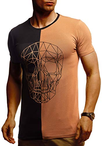 Leif Nelson Herren Sommer T-Shirt Rundhals-Ausschnitt Slim Fit Baumwolle-Anteil Basic Männer Totenkopf T-Shirt Crew Neck Hoodie-Sweatshirt Kurzarm lang LN4670 Schwarz Camel Large von Leif Nelson