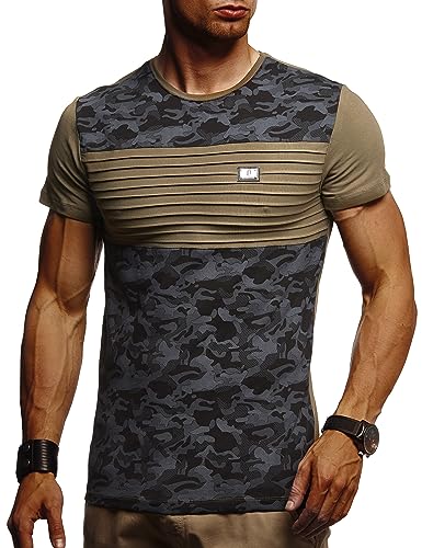 Leif Nelson Herren Sommer T-Shirt Rundhals-Ausschnitt Slim Fit Baumwolle-Anteil Moderner Männer T-Shirt Crew Neck Hoodie-Sweatshirt Kurzarm lang LN405 Khaki-Schwarz Large von Leif Nelson