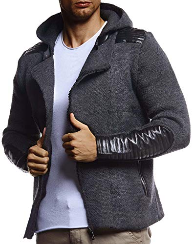 Leif Nelson Herren Strickjacke mit Kapuze Reissverschluss Cardigan Schwarze Biker Jacke für Winter Winterjacke Übergangsjacke Hoodie Männer Freizeitjacke Langarm Slim Fit LN5810 S Anthrazit von Leif Nelson