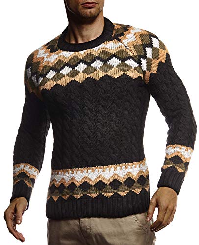 Leif Nelson Herren Strickpullover Norwegerpullover Pullover mit Rundkragen Winterpullover Männer Pulli für Weihnachten Winter Norweger Muster Slim Fit Crew Neck LN20757 M Schwarz von Leif Nelson