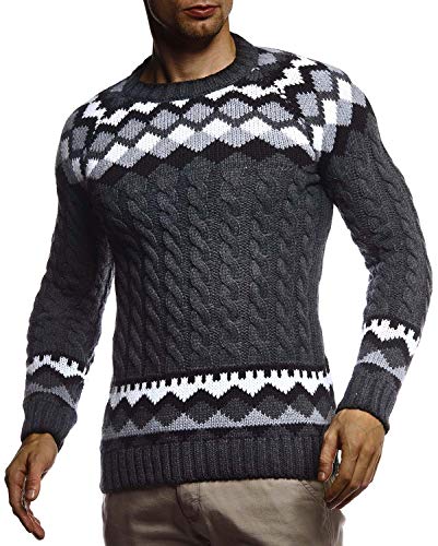 Leif Nelson Herren Strickpullover Norwegerpullover Pullover mit Rundkragen Winterpullover Männer Pulli für Weihnachten Winter Norweger Muster Slim Fit Crew Neck LN20757 XXL Anthrazit von Leif Nelson