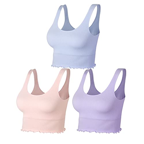 Lemef Damen Crop Tops Ribbed Sport BH Ohne Bügel Yoga Sport Tops Keine Gepolstert 3 Stück Rosa,Lila,Blau, S von Lemef