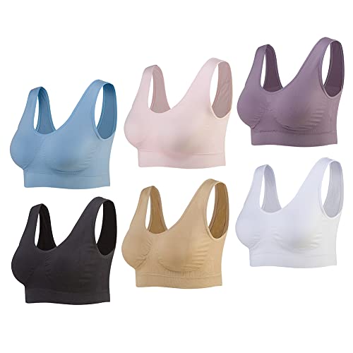 Lemef Damen Seamless Sport BH mit Merfarben Wohlfühl-BH, 6 Pack Weiß,schwarz,hautfarben,Hellrosa,hellblau,hell Lila, 2XL von Lemef