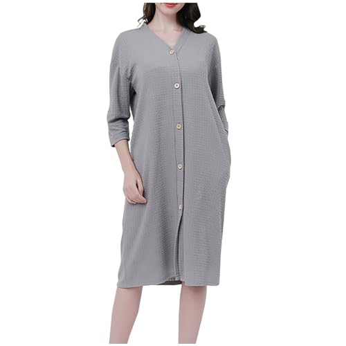 Lemoiitea Bademantel für Damen, weich, leicht, knielang, lässig, lockere Länge, Pyjama, modisch, einfarbig, 3/4-Ärmel, V-Ausschnitt, Knopf, leichter Bademantel, grau, 38 von Lemoiitea