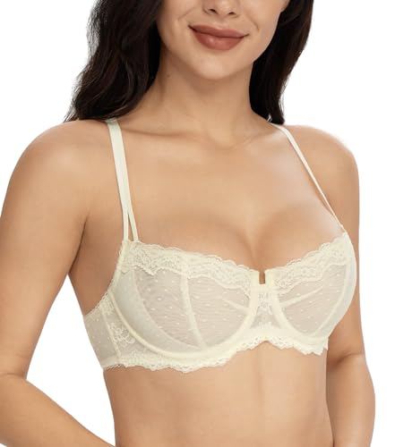 Lemorosy Damen Balconette BH Spitze Bügel Push Up Komfort Ungepolster BH Große Größen(Beige,75A) von Lemorosy