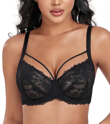 Lemorosy Damen Minimizer BH Vollschalen Ungepolster Floraler Spitze BH Plus Size Unterwäsche BH Große Größen(Schwarz,90C) von Lemorosy