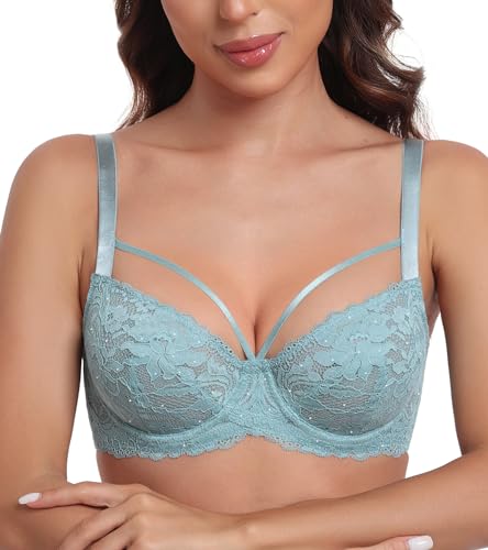 Lemorosy Damen Minimizer BH Vollschalen Ungepolster Floraler Spitze BH Plus Size Unterwäsche BH Große Größen(Türkis,80G) von Lemorosy