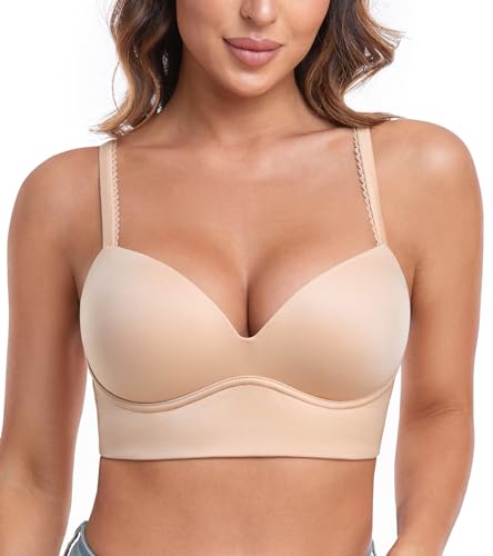 Lemorosy Damen Push Up BH Bügellos Gepolstert Tief V-Ausschnitt Soft Bustier(Beige,36C) von Lemorosy