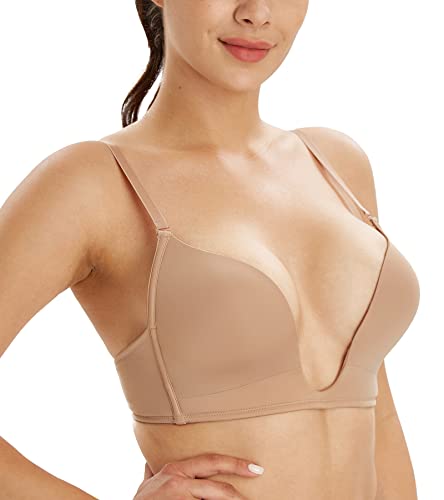 Lemorosy Damen Push up BH Tief V-Ausschnitt Leicht Gepolstert U-Form BH Ohne Bügel(Beige,80B) von Lemorosy