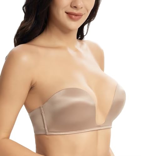 Lemorosy Damen Trägerloser BH Push Up U Bügel Komfort Gepolstert Rückenfrei Bra mit Abnehmbare Träger(Beige,90B) von Lemorosy