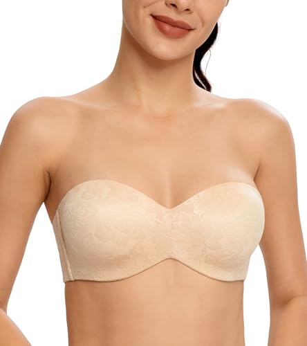 Lemorosy Damen Trägerloser BH V-Ausschnitt Bügel Push Up Minimizer BH Abnehmbare Träger T-Shirt-BH(Jacquard Beige,75D) von Lemorosy