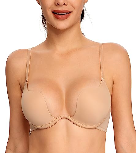 Lemorosy Damen U Bügel BH Komfort Push Up Tief V-Ausschnitt Gepolstert Rückenfrei Bra(Beige,75D) von Lemorosy