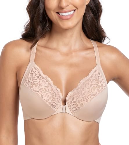 Lemorosy Damen Vorne Vershcluss BH Vollschalen Ungepolster Bügel BH Blumen Große Größen(Beige,80G) von Lemorosy