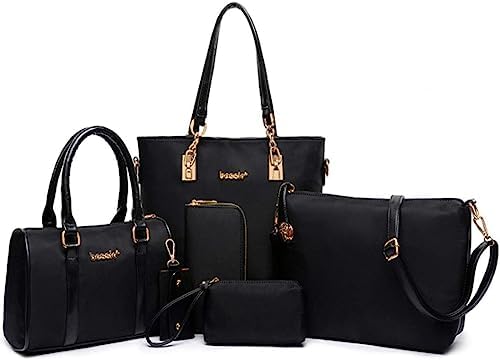 Lengender Damen Fashion 6-teiliges Taschenset aus PU-Leder + Handtasche + Tragetasche + Umhängetasche + Geldbörse + Kartenhalter Taschen, Schwarz , 11.8 pouches von Lengender