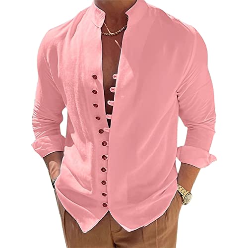 Lenugeo Baumwollehemd Leinenhemd für Herren, Leichtes Langarm Hemd Sommer, Sommerhemd Freizeithemd Strandhemd Stehkragenhemd Trachtenhemd, Henley Shirt Stehkragen Leinen | Rosa S von Lenugeo