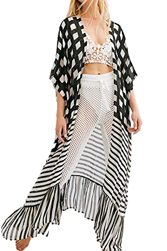 LeofL Damen Strand-Cardigan Morgenmantel Nachthemd Yukata Kimono Badeanzug Cover Ups, B Schwarz Weiß, One size von LeofL