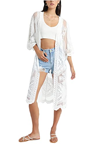 LeofL Damen Strand Cardigan Bademantel Nachthemd Yukata Kimono Badeanzug Cover Ups, Q Weiß, One size von LeofL