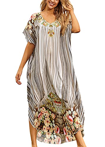 LeofL Langes, fließendes Boho-Strandkleid für Damen, Kaftan, Kimono, Maxi-Bademantel, Nachthemd, Badeanzug, N Multi Flower, Einheitsgröße LeofL Langes, fließendes Boho-Strandkleid für Damen, Kaftan, Kimono, Maxi-Bademantel, Nachthemd, Badeanzug, N Multi Flower, Einheitsgröße von LeofL