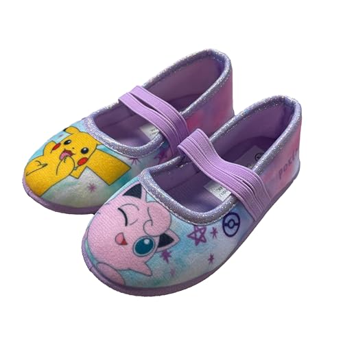 Pokemon Hausschuhe Mädchen von 2 bis 8 Jahre, Warme Pantoffeln mit Pika Motiv 29 EU, Bequemer Schuhe für Kindergarten, Ballerina-Schlüpfer im Lila, Freizeitschuhe mit Glitzer ideal für Schule von Leomil