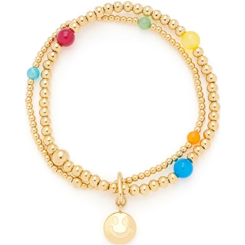 Leonardo Jewels Armband Clip&Mix Smile, doppelreihiges elastisches Armband mit goldfarbenen Edelsathl-Kügelchen, bunte Achat-Perlen, 19,5 cm Länge, personalisierbarer Anhänger, Schmuck Damen, 023750 von Leonardo Jewels